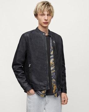 woods leather regular fit zip-front biker jacket