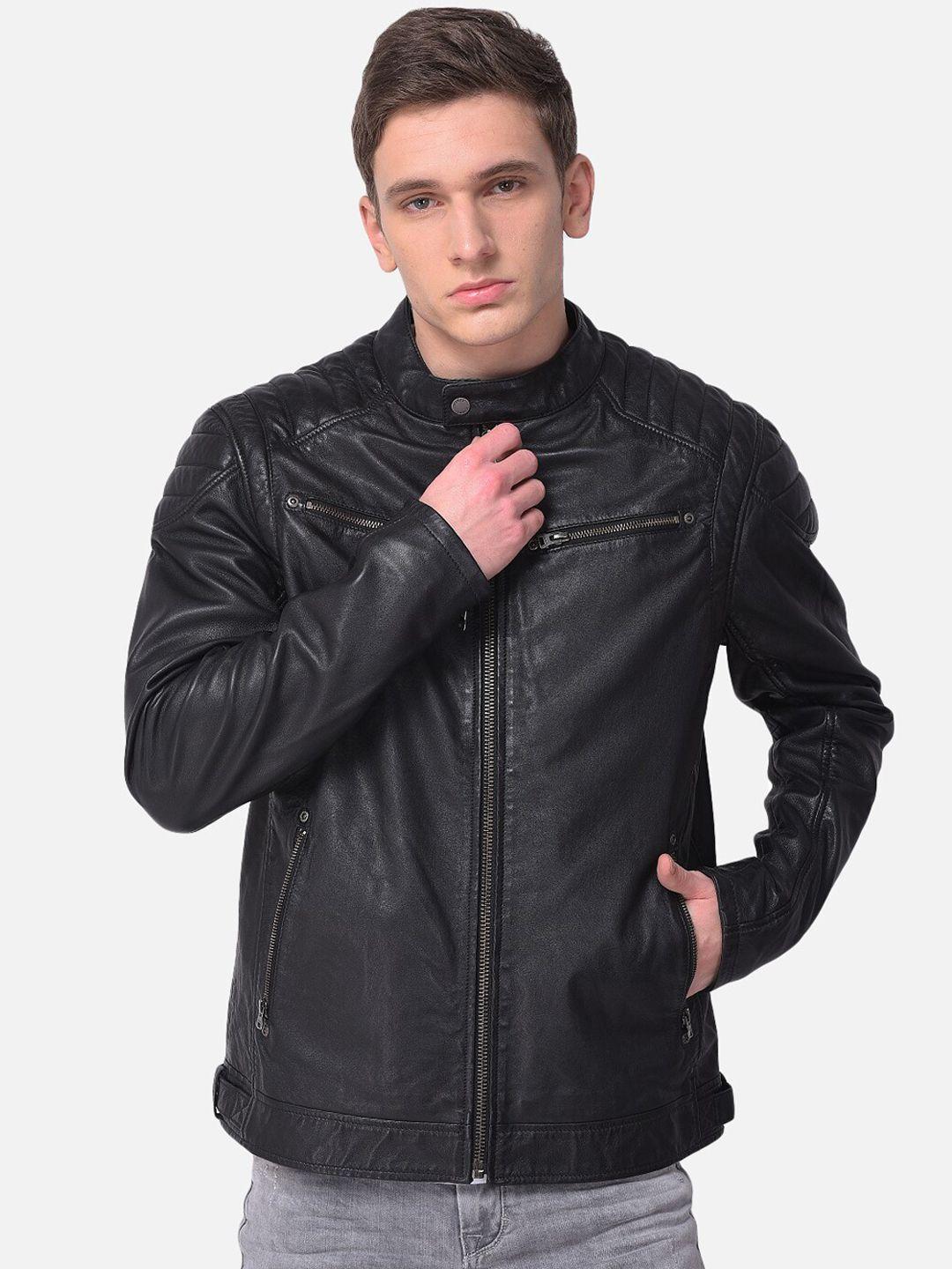 woods men black leather water resistant leather jacket