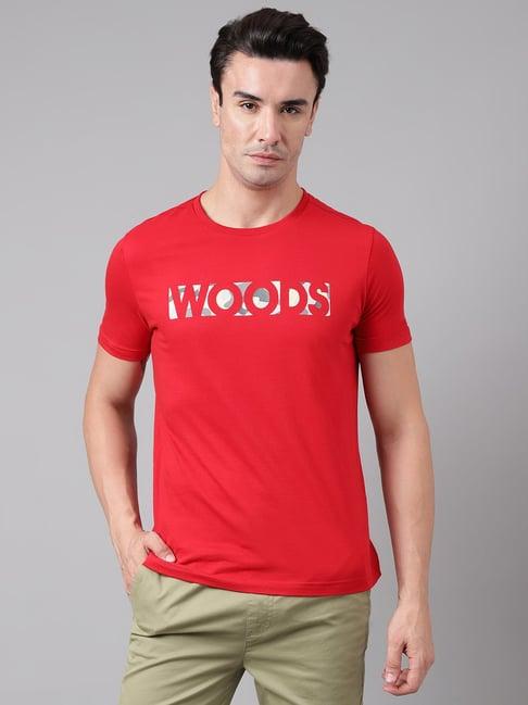 woods red regular fit printed cotton crew t-shirt