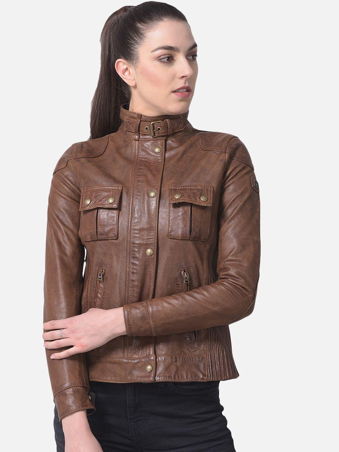 woods women brown leather water resistant biker jacket