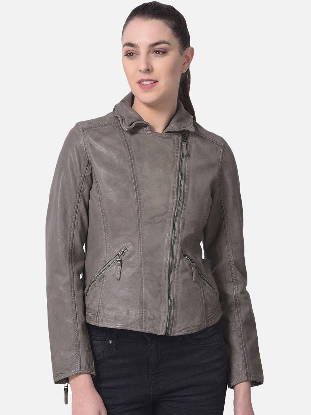 woods women green leather water resistant crop bomber with embroidered jacket