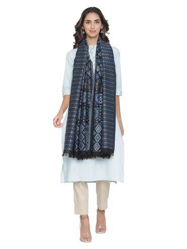 wool blend floral fringed border blue shawl for women