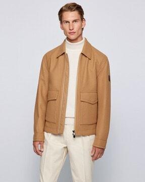 wool blend boxy fit jacket with flap pockets