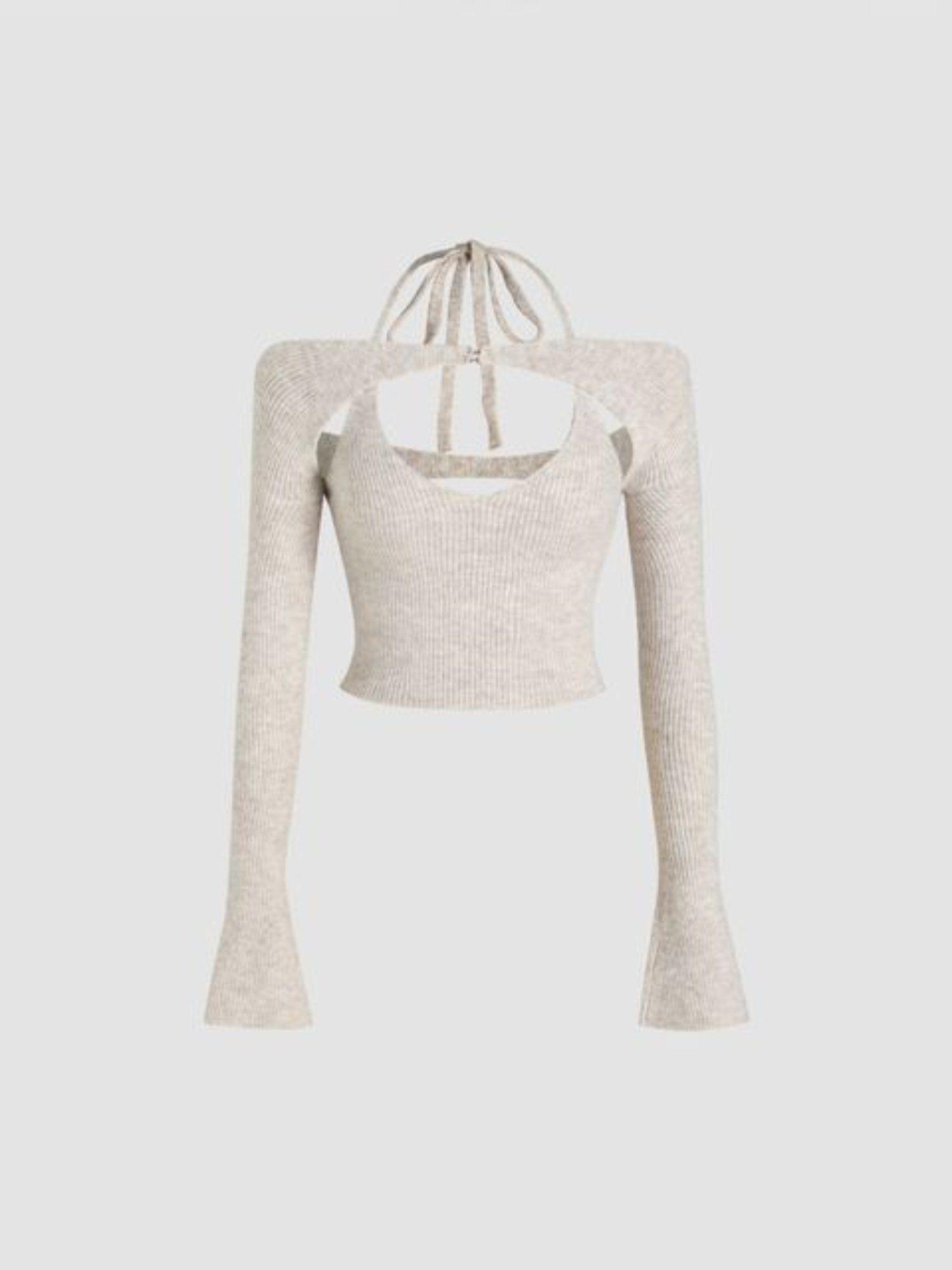 wool blend halter neckline solid knitted long sleeve top (set of 2)