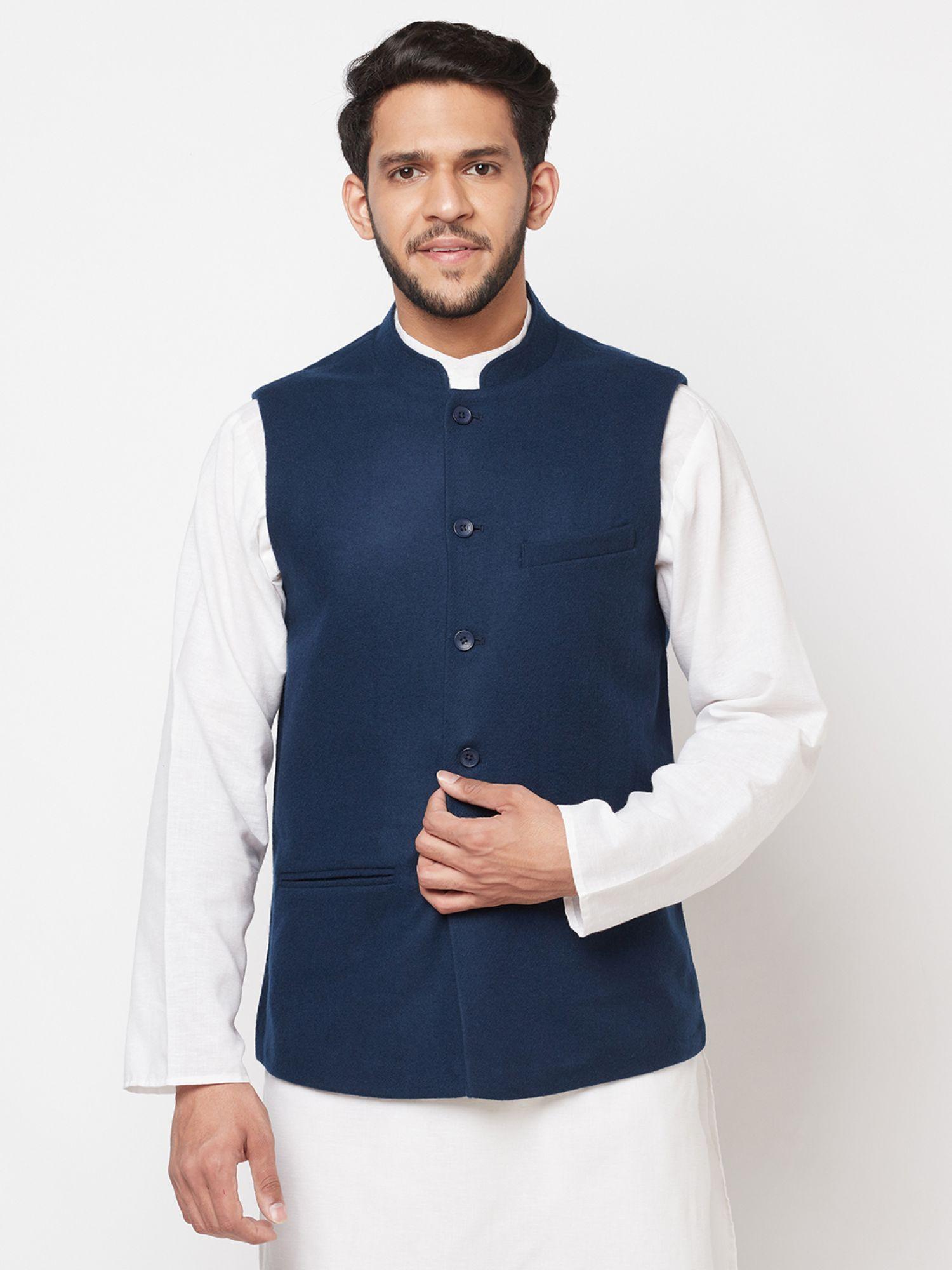 wool blue solid men nehru jacket