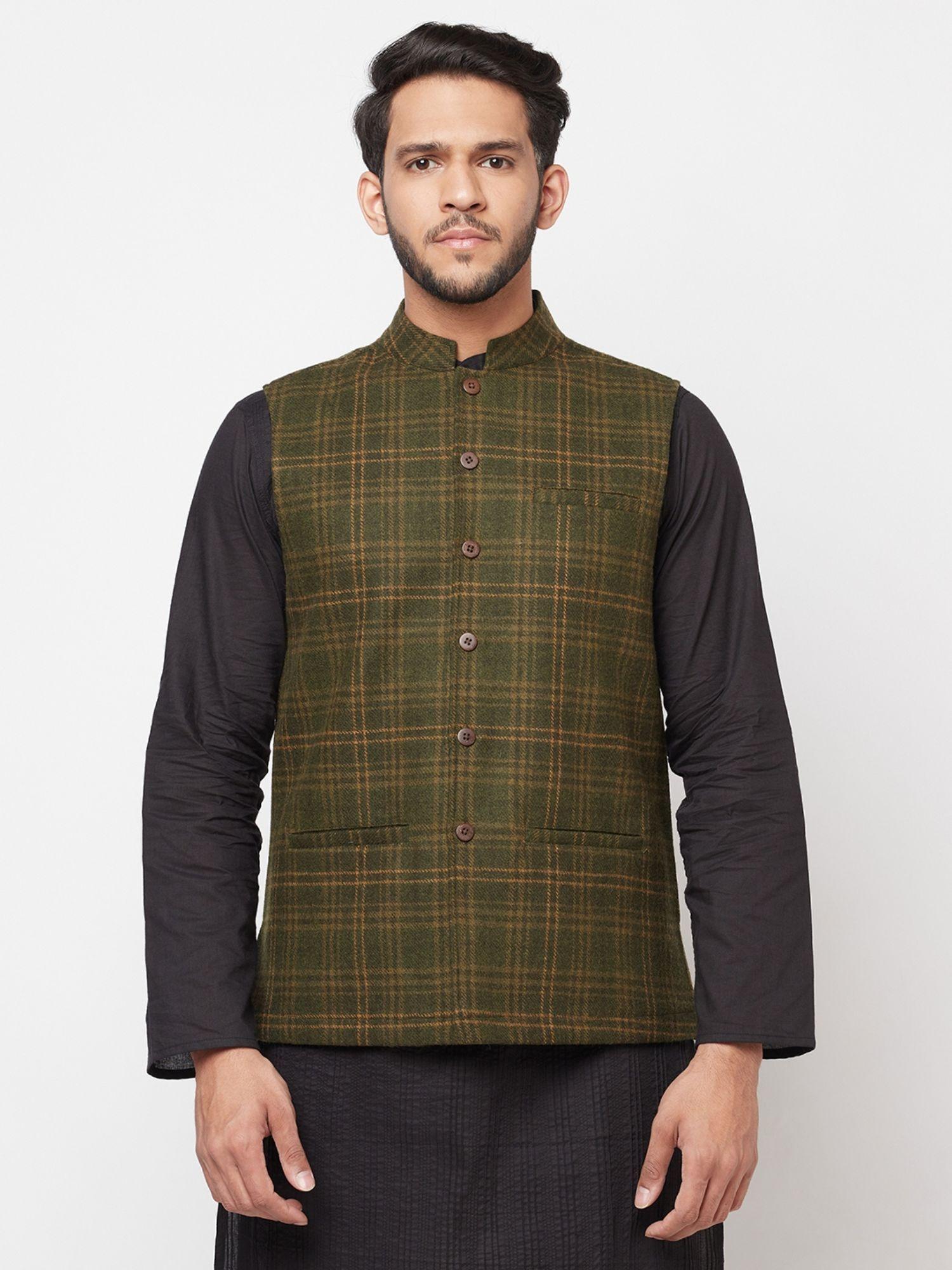 wool olive checked men nehru jacket