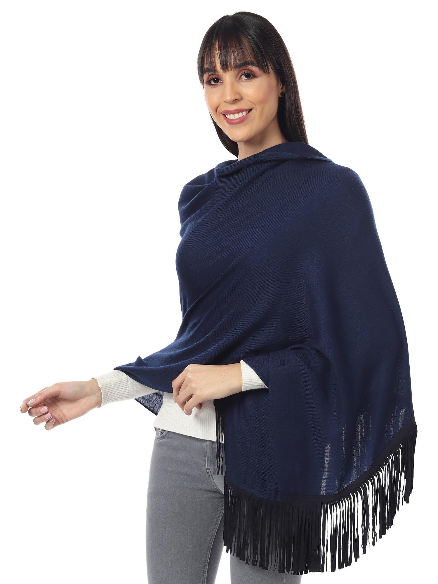 wool stoles with suede tassel -navy blue