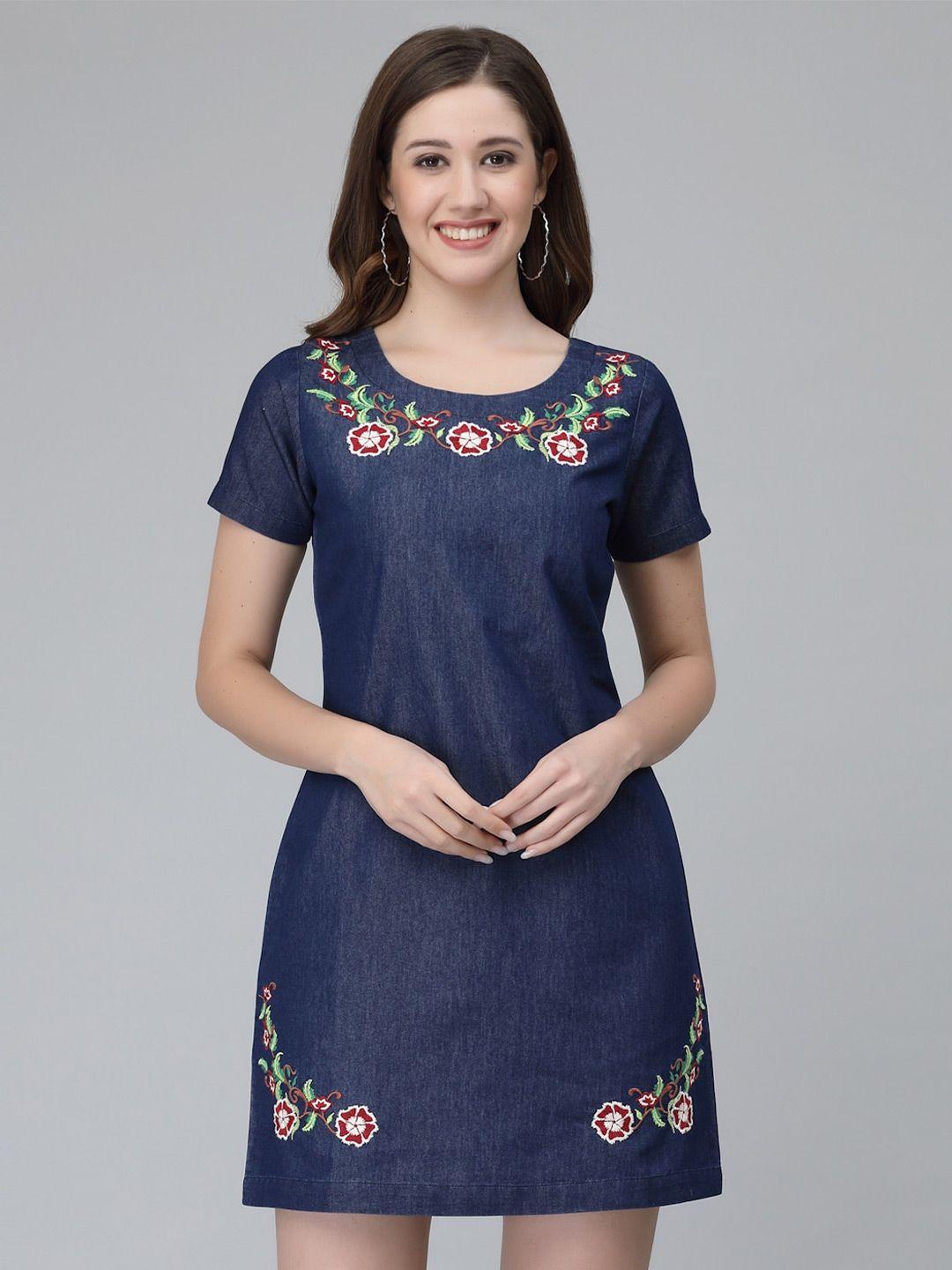 wool trees floral embroidered denim a-line mini dress