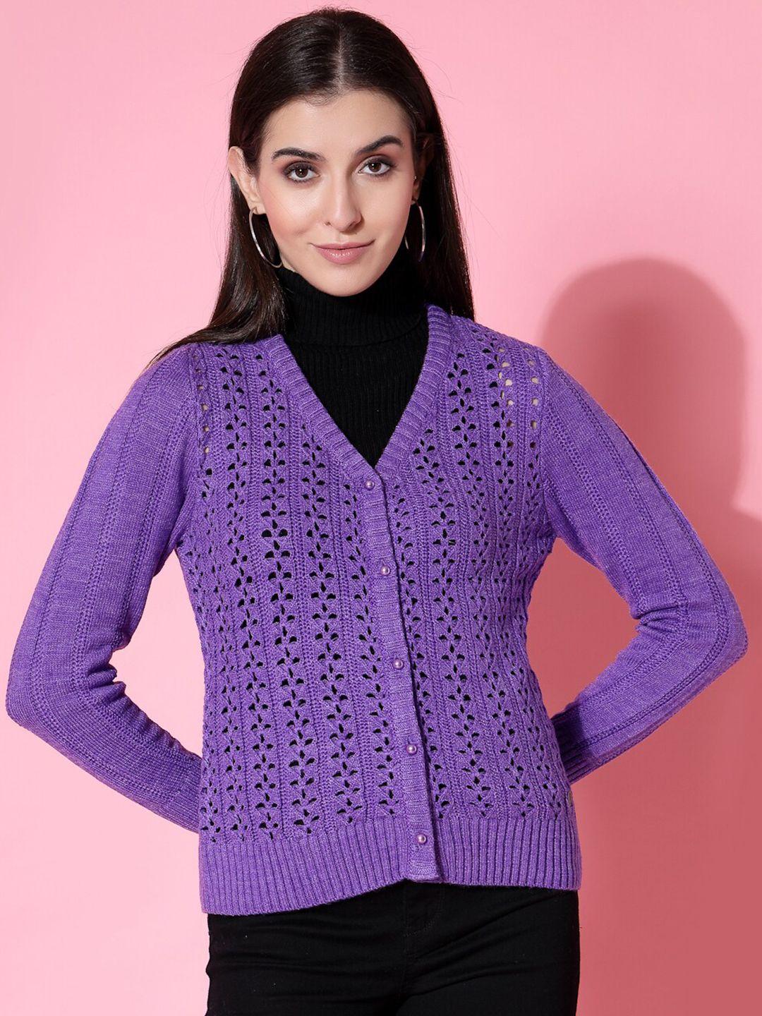 wool trees open knit self design v-neck acrylic cardigan sweater