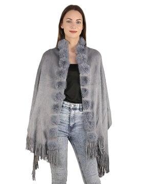 woolen fur collar stole with fringes