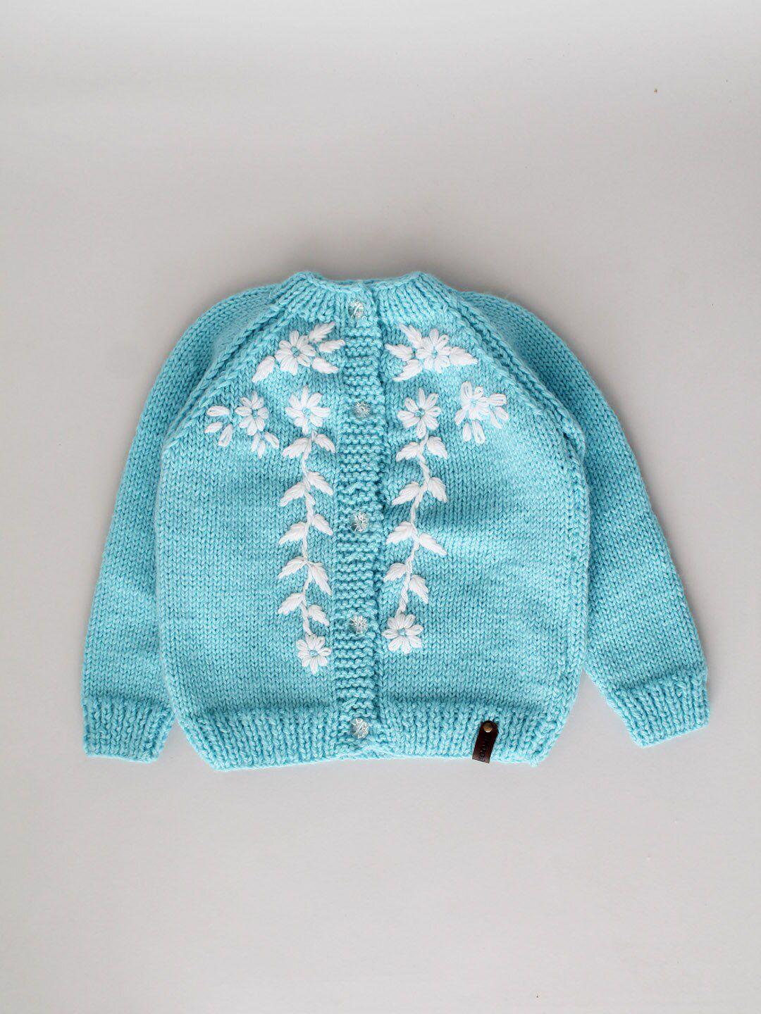 woonie kids floral embroidered turtle neck acrylic cardigan