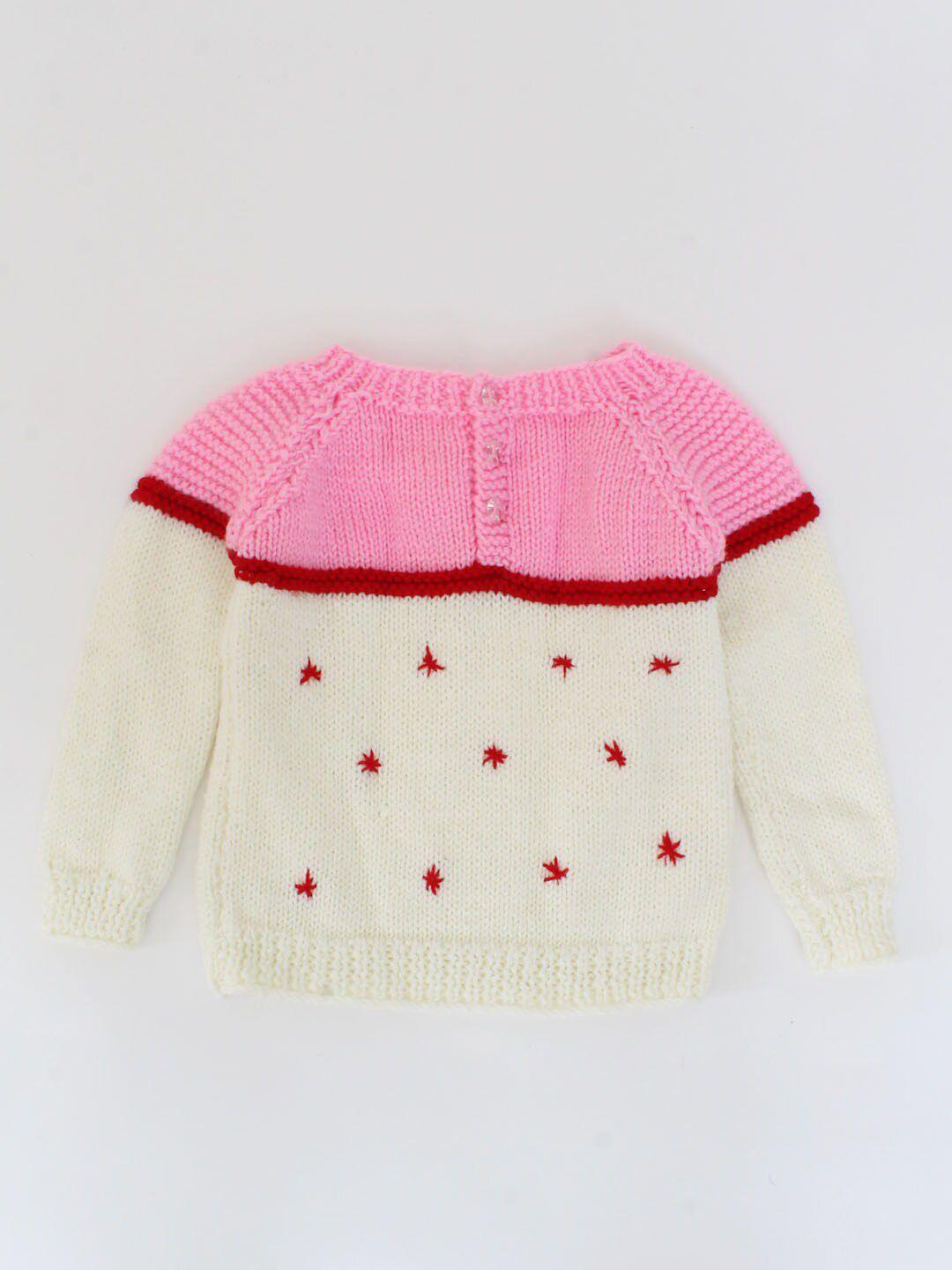 woonie unisex kids white & pink embroidered colourblocked pullover with embroidered detail