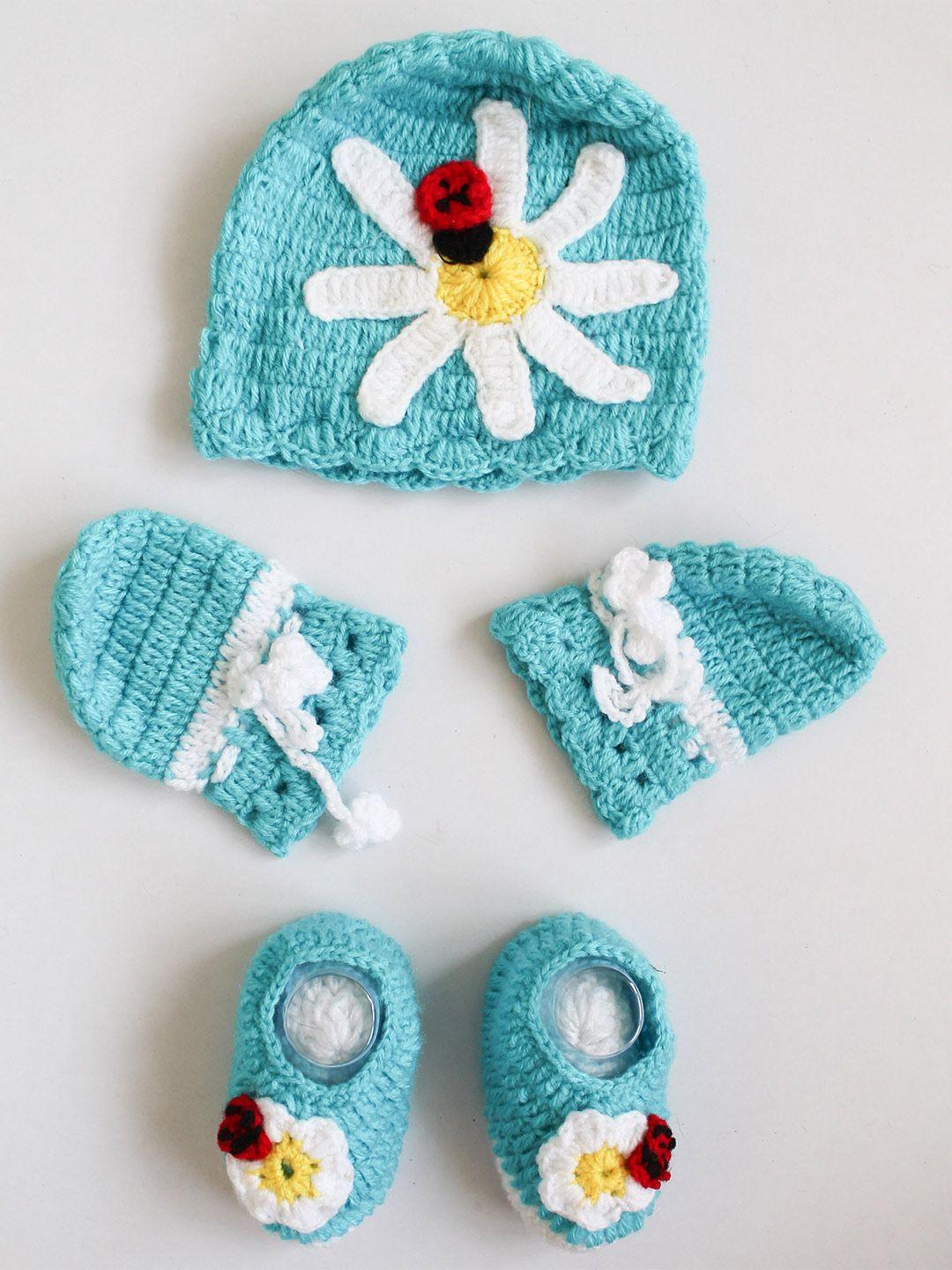 woonie infant crochet flower detailed cap with coordinating booties
