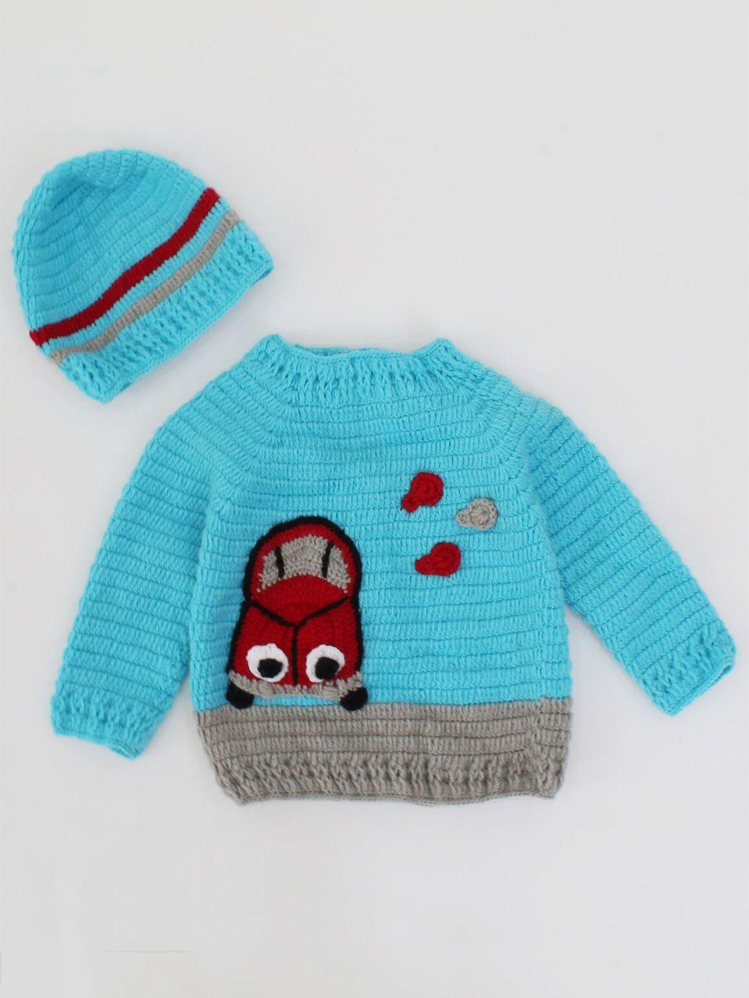 woonie unisex kids blue & brown humour and comic pullover with applique detail