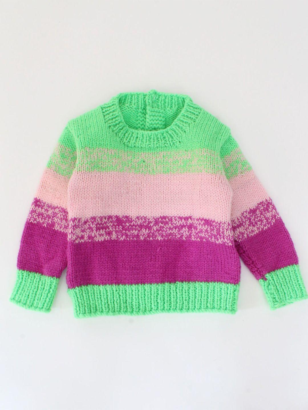 woonie unisex kids green & pink striped pullover