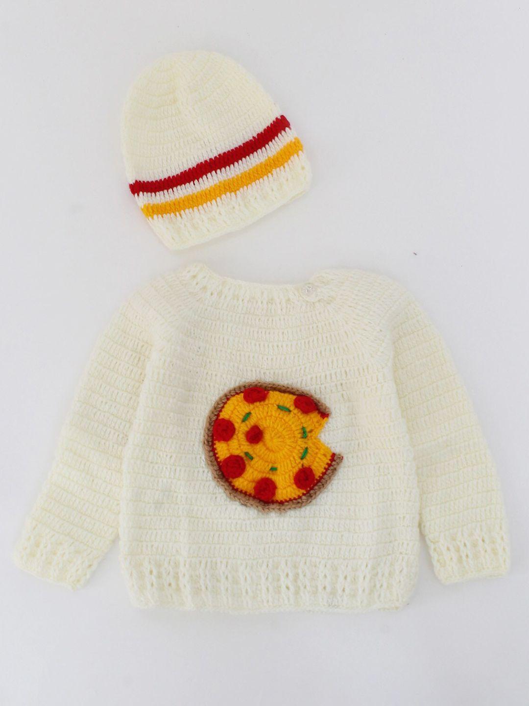 woonie unisex kids-unisex cream-coloured & maroon pullover with embroidered detail sweater