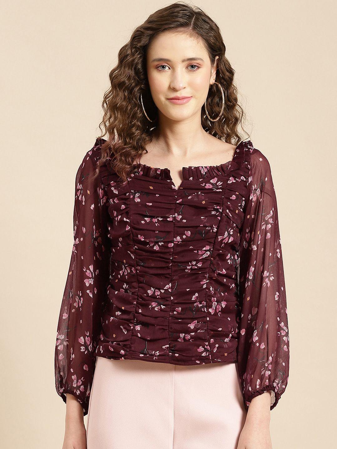 woowzerz maroon floral print square neck gathered detail georgette top