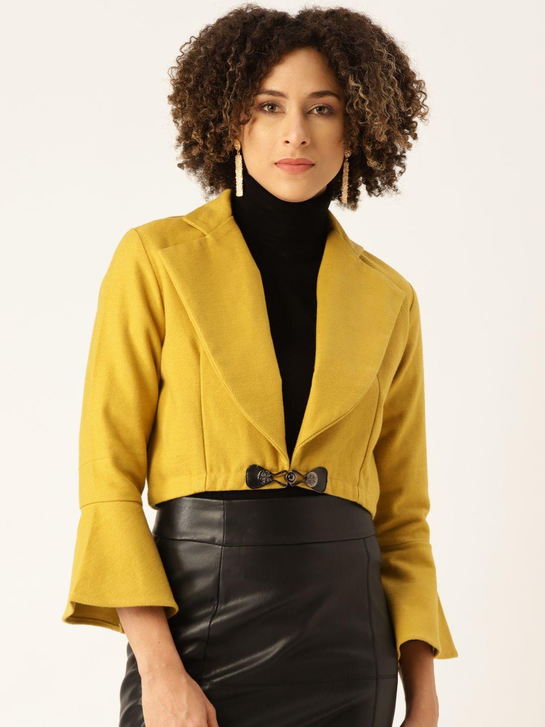 woowzerz women mustard yellow slim fit solid crop blazer