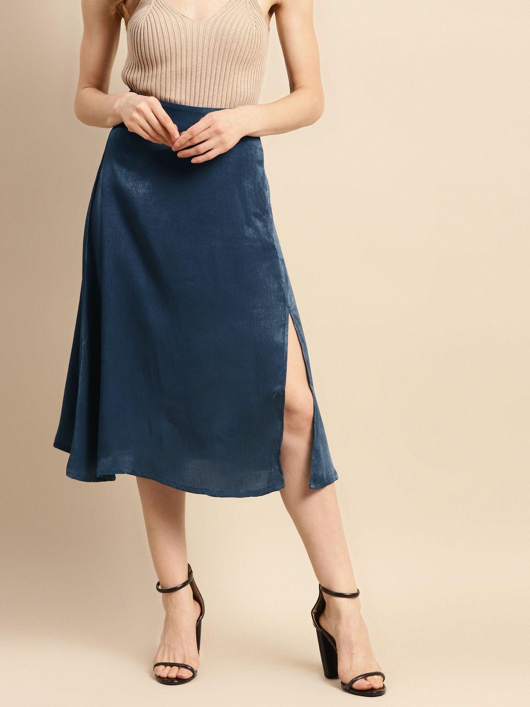woowzerz women teal blue solid a-line skirt