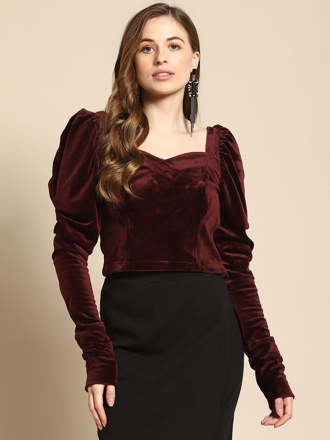 woowzerz burgundy sweetheart neck velvet blouson crop top