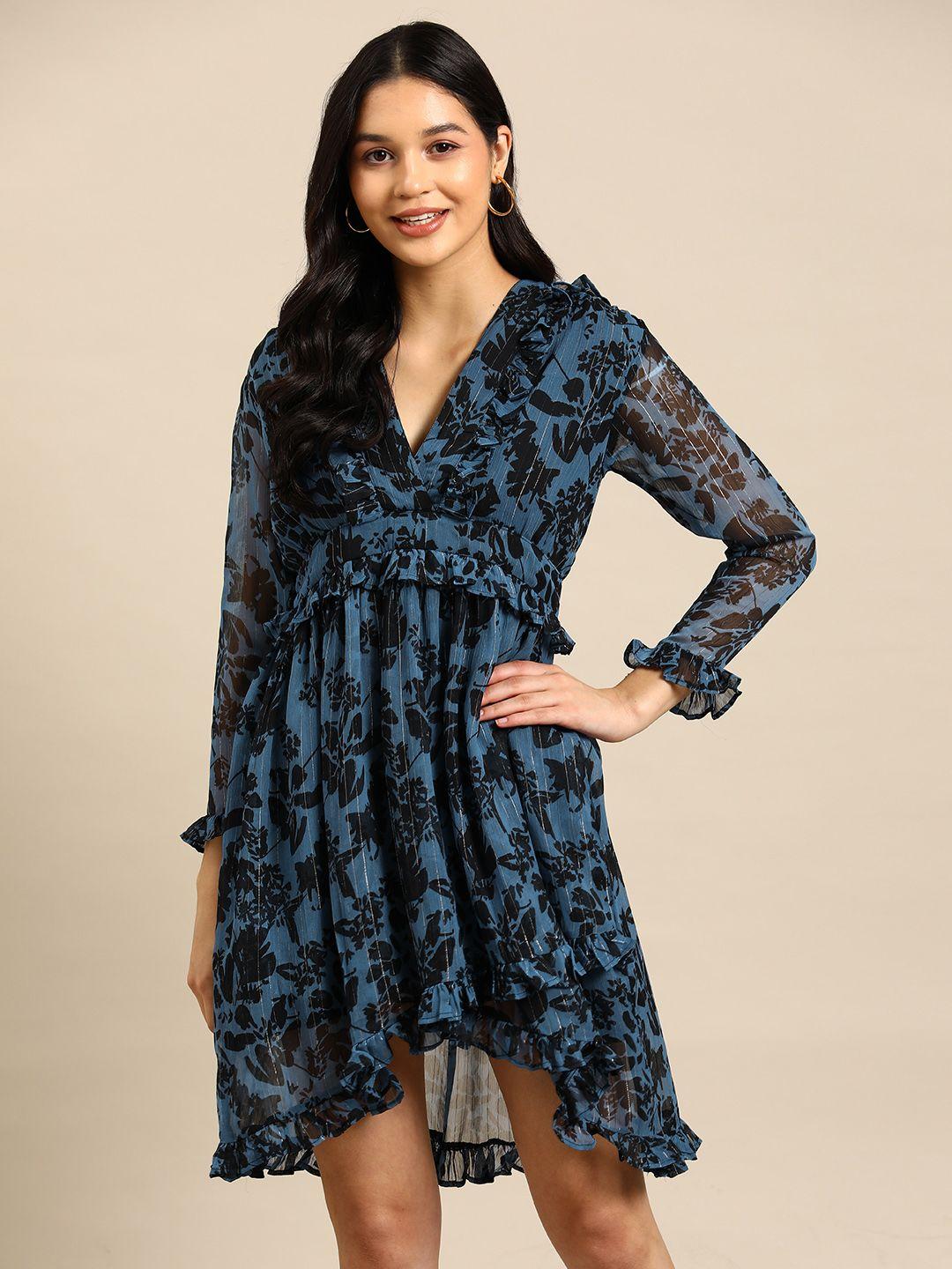 woowzerz floral print puff sleeve georgette a-line dress