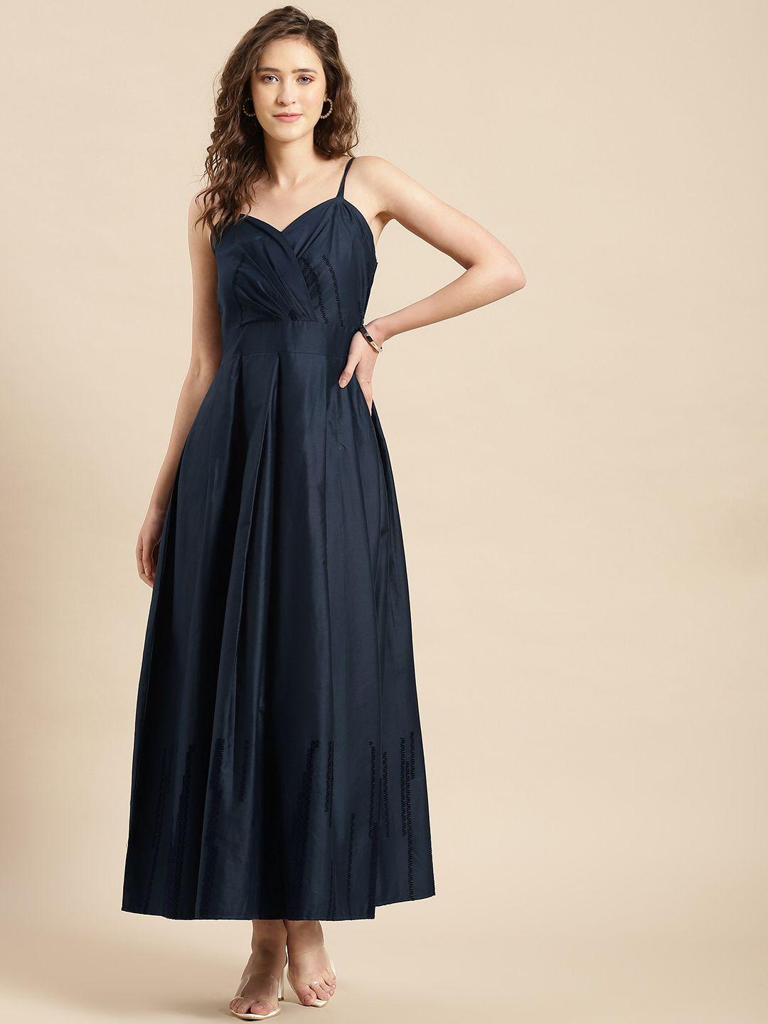 woowzerz navy blue solid a-line maxi dress