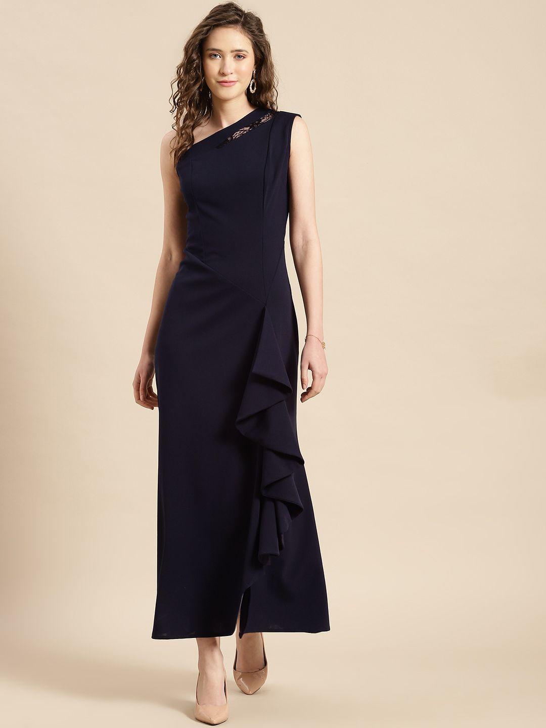 woowzerz navy blue solid one shoulder a-line maxi dress