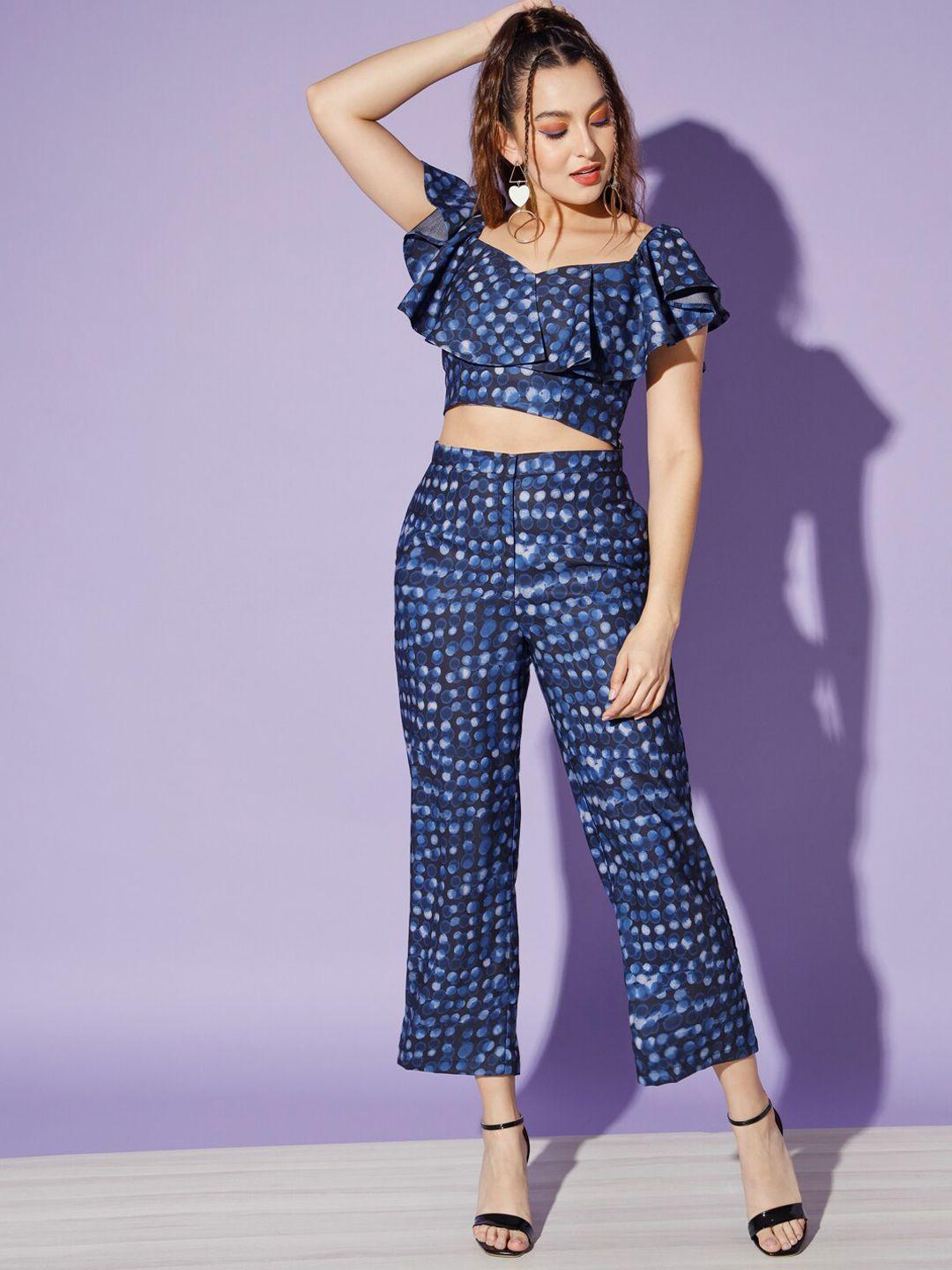 woowzerz printed sweetheart neck ruffled top with trousers