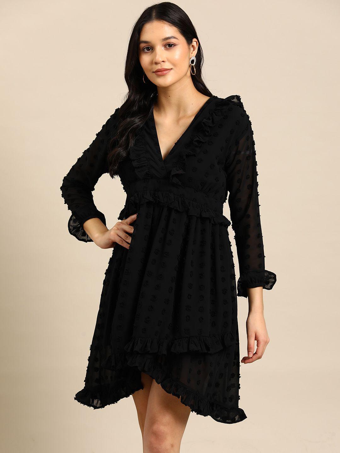 woowzerz puff sleeve with pom-pom detail georgette a-line dress