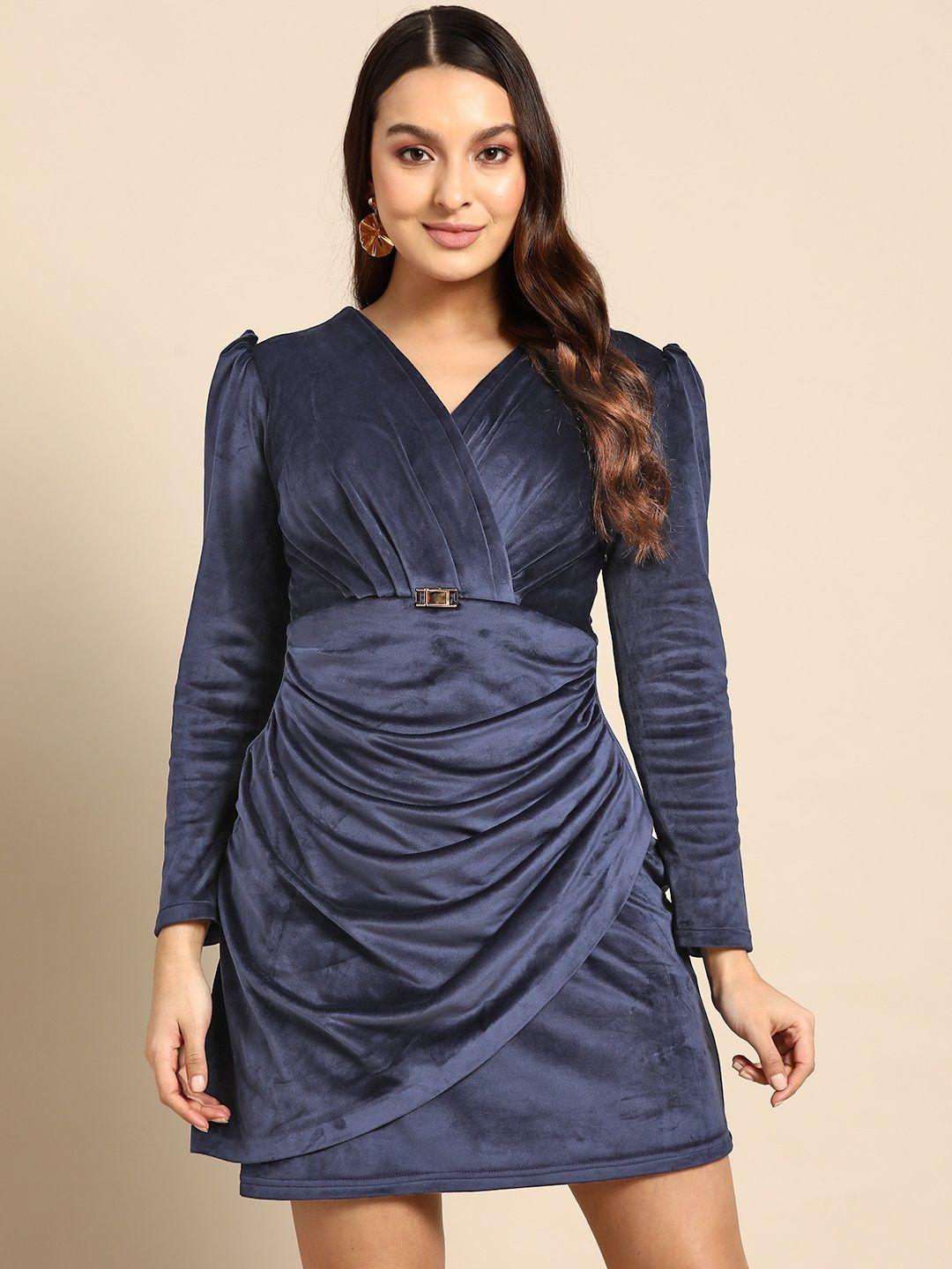 woowzerz puff sleeves velvet mini overlap drape dress