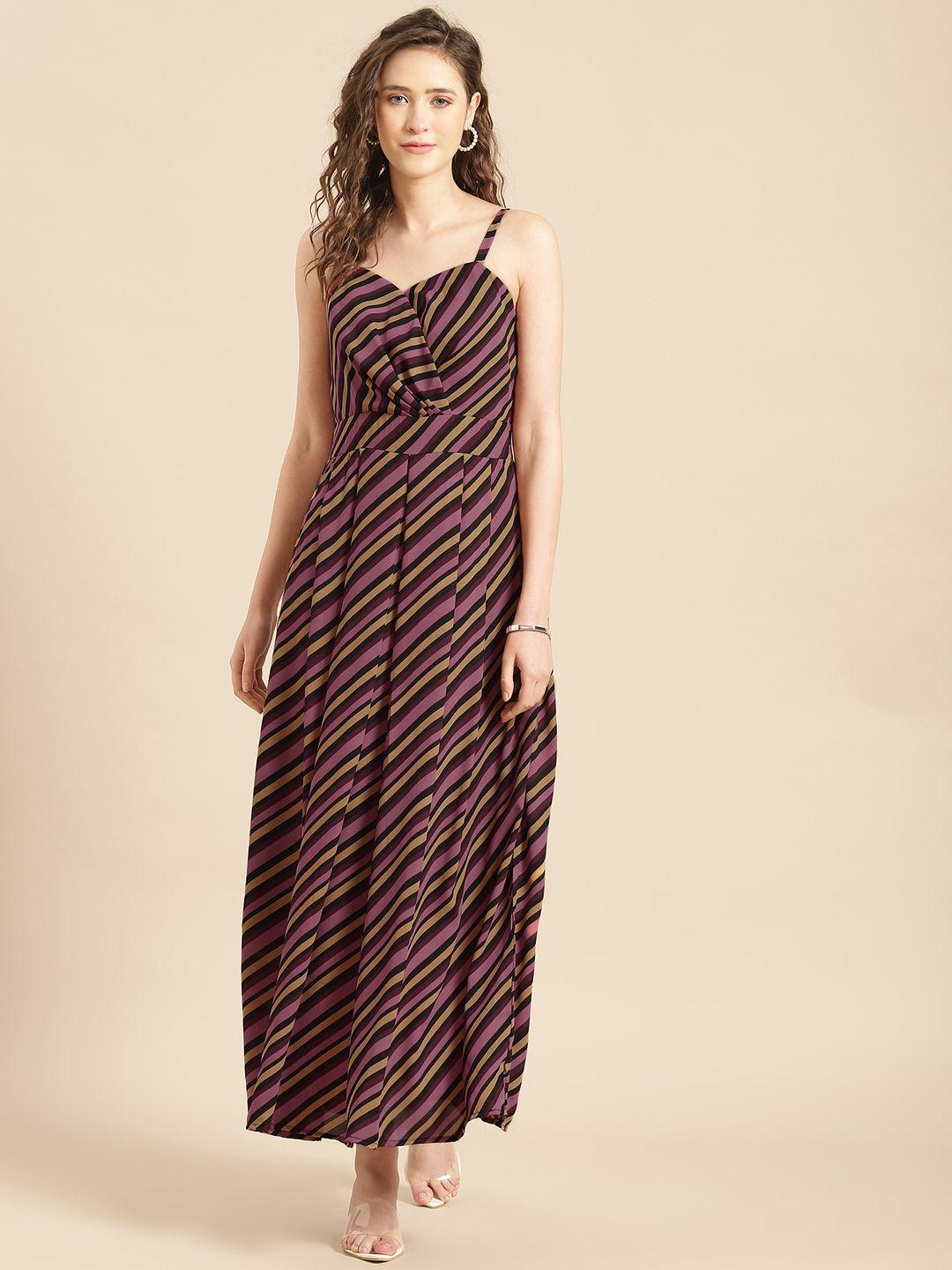 woowzerz purple & black striped crepe a-line pleated  maxi dress