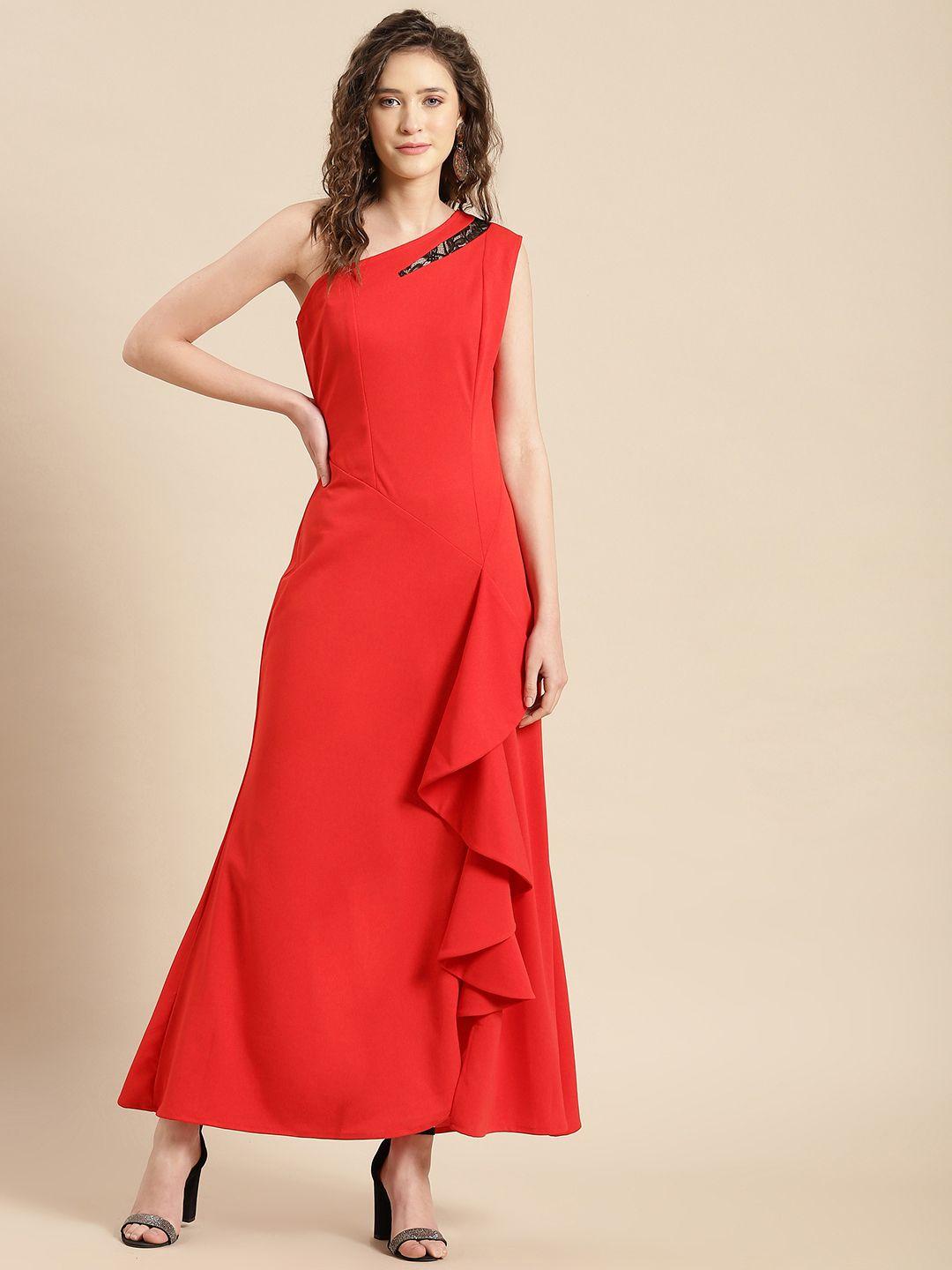 woowzerz red solid one shoulder a-line maxi dress