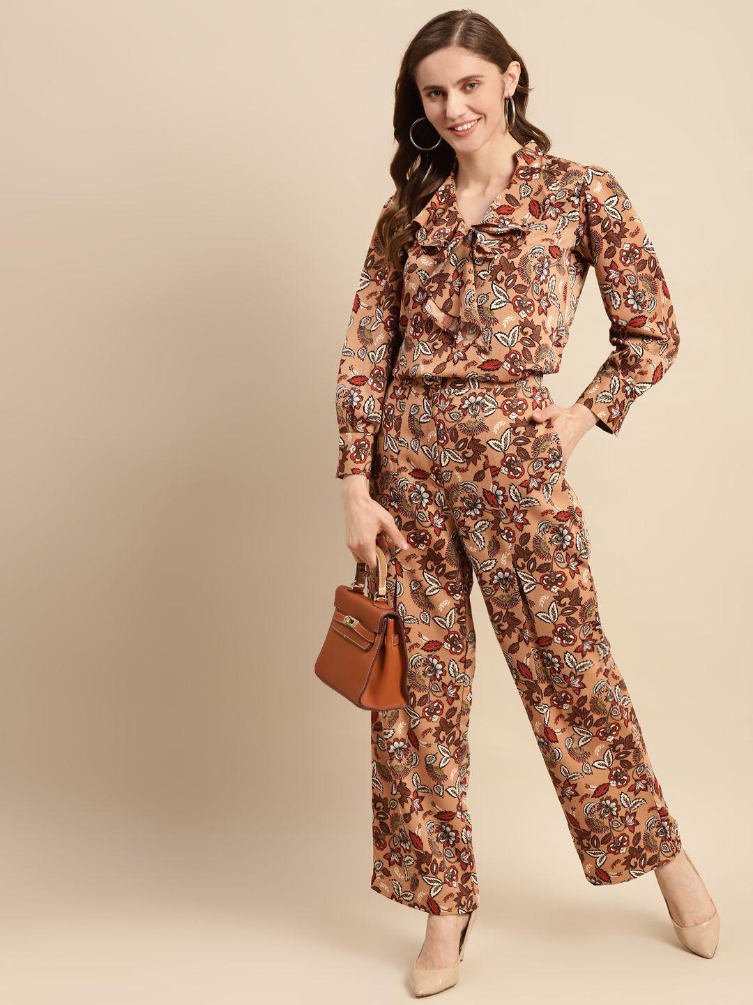 woowzerz women beige & brown floral print ruffled top & palazzos set