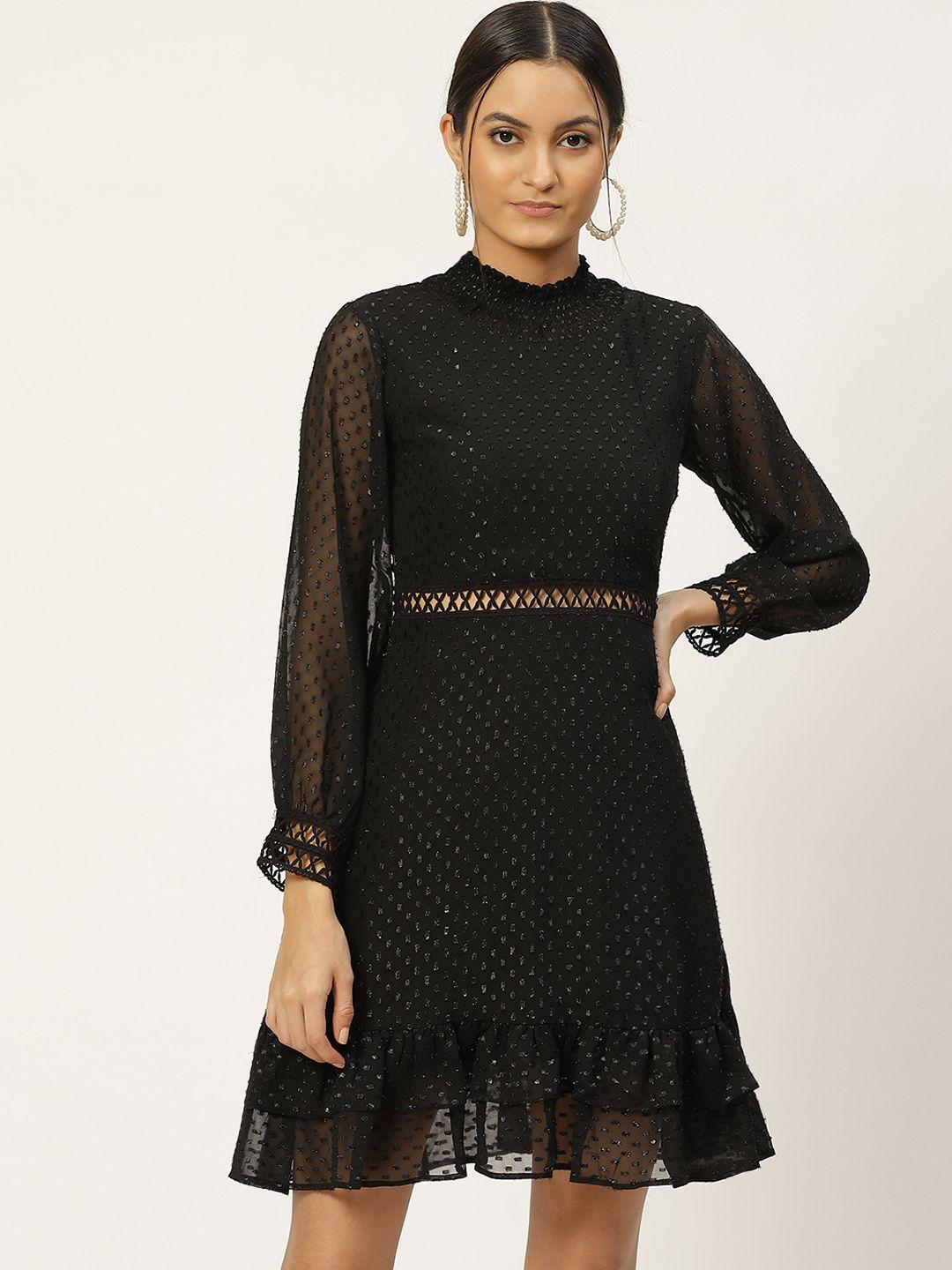 woowzerz women black dobby weaved a-line dress