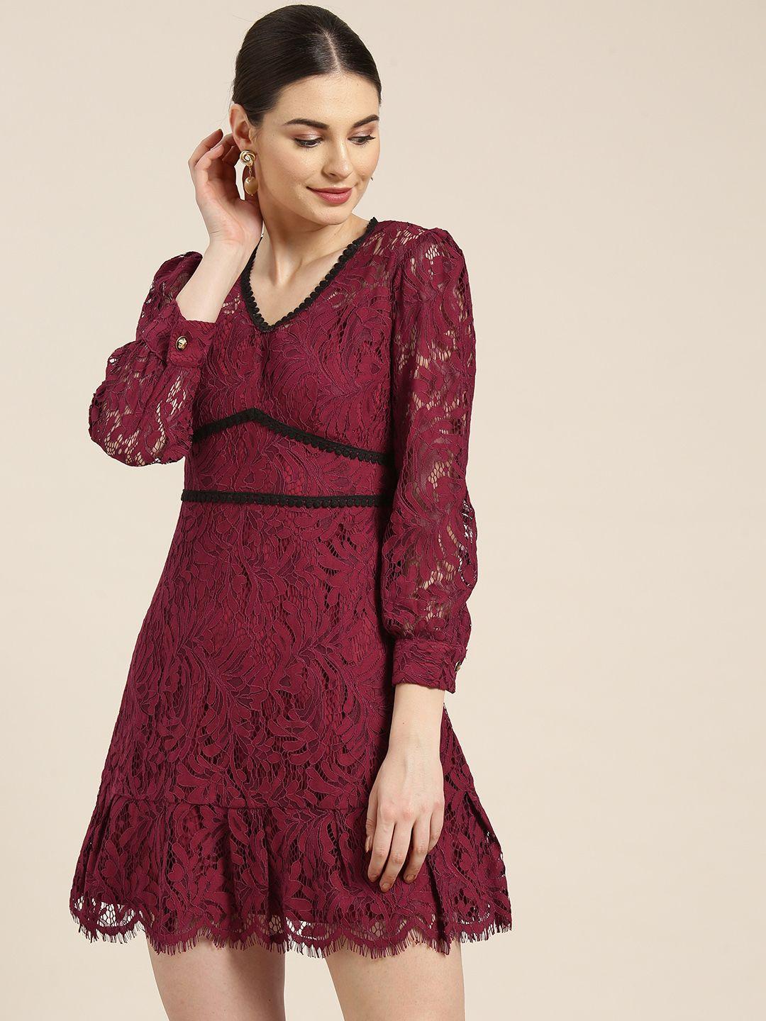 woowzerz women burgundy a-line lace dress