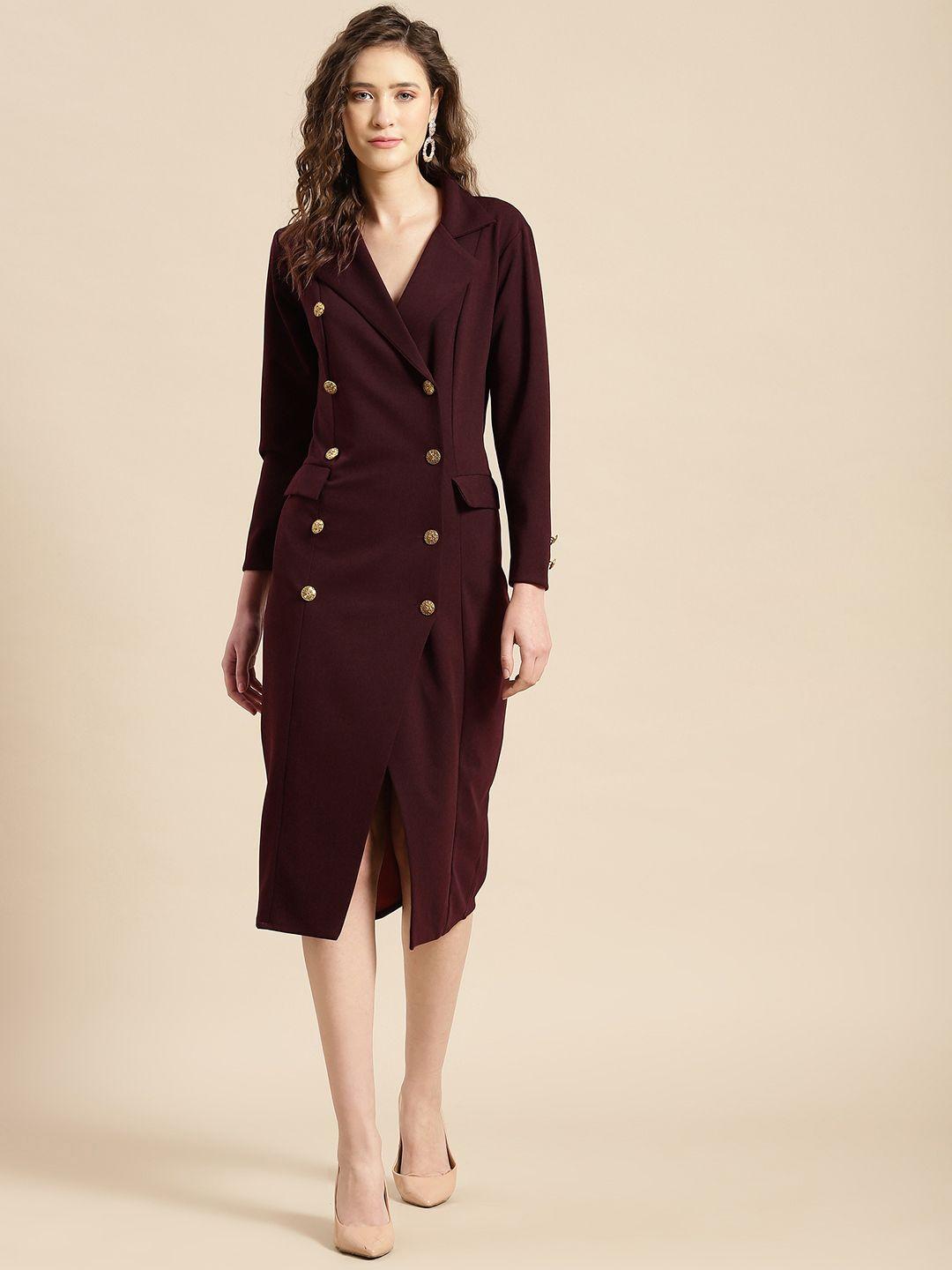 woowzerz women burgundy a-line midi coat dress