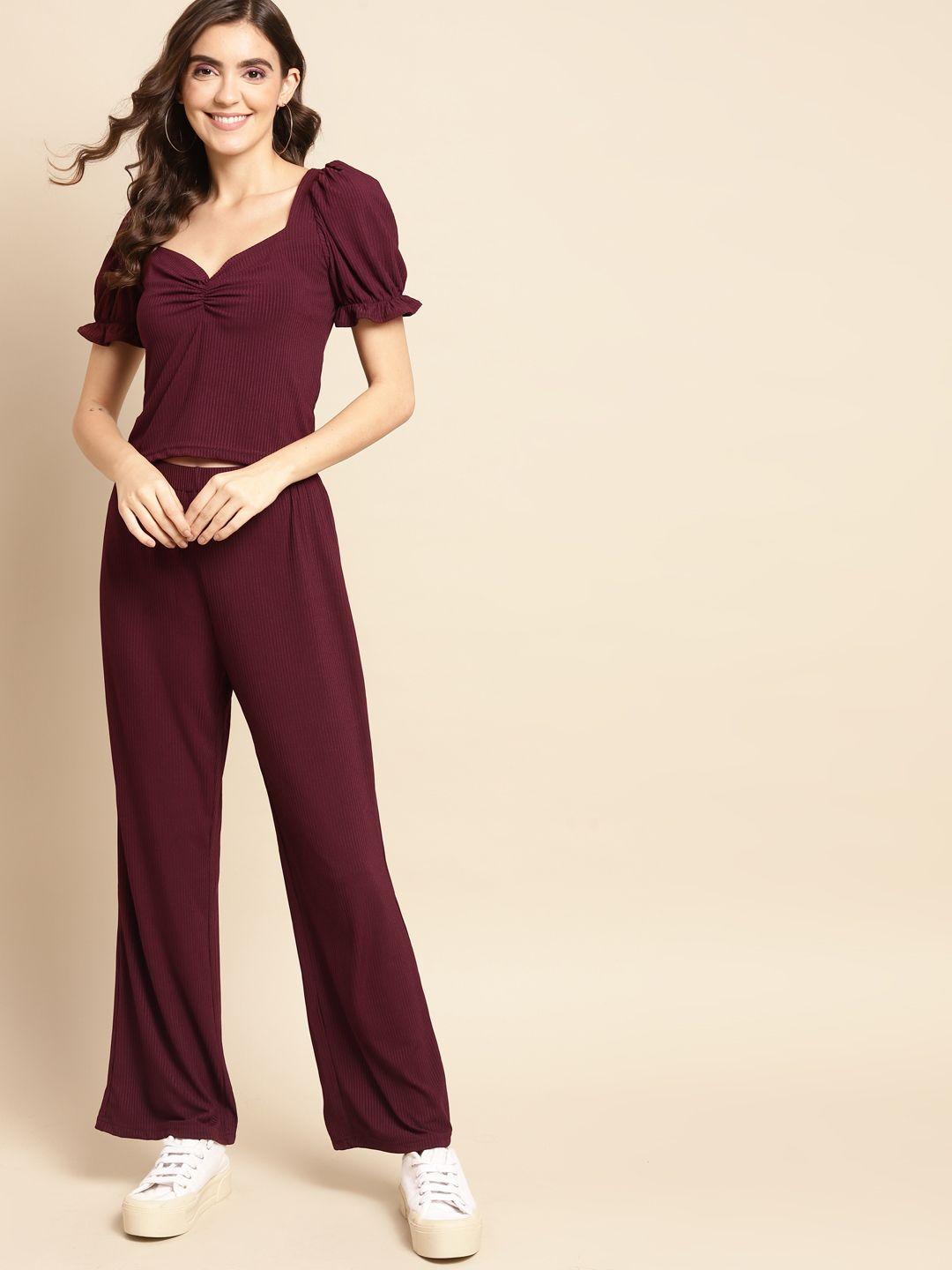 woowzerz women burgundy ribbed ruched co-ords set