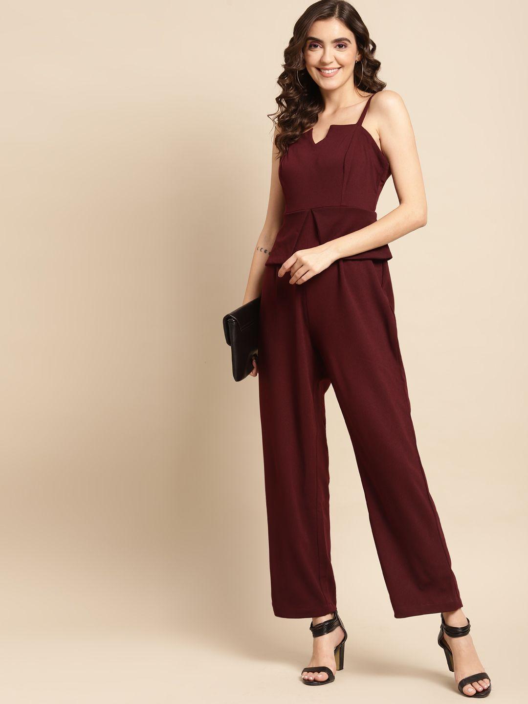 woowzerz women burgundy solid basic jumpsuit