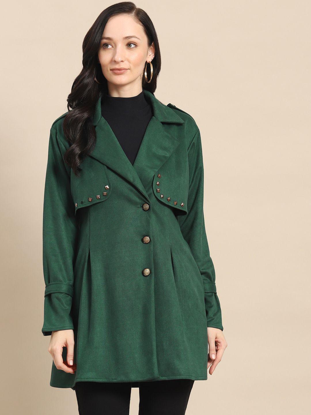 woowzerz women green solid longline over coat