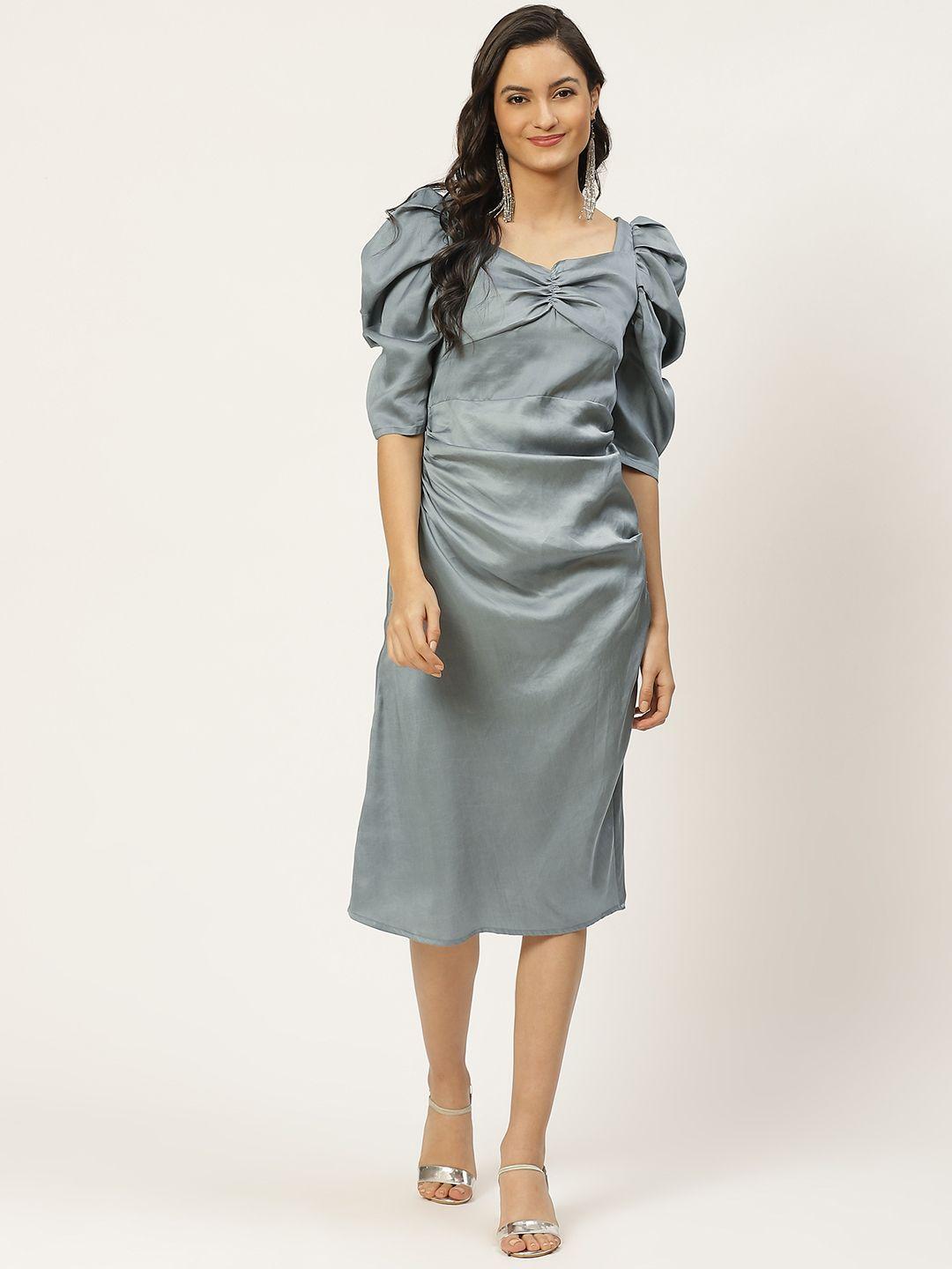woowzerz women grey solid sheen pleated sheath dress