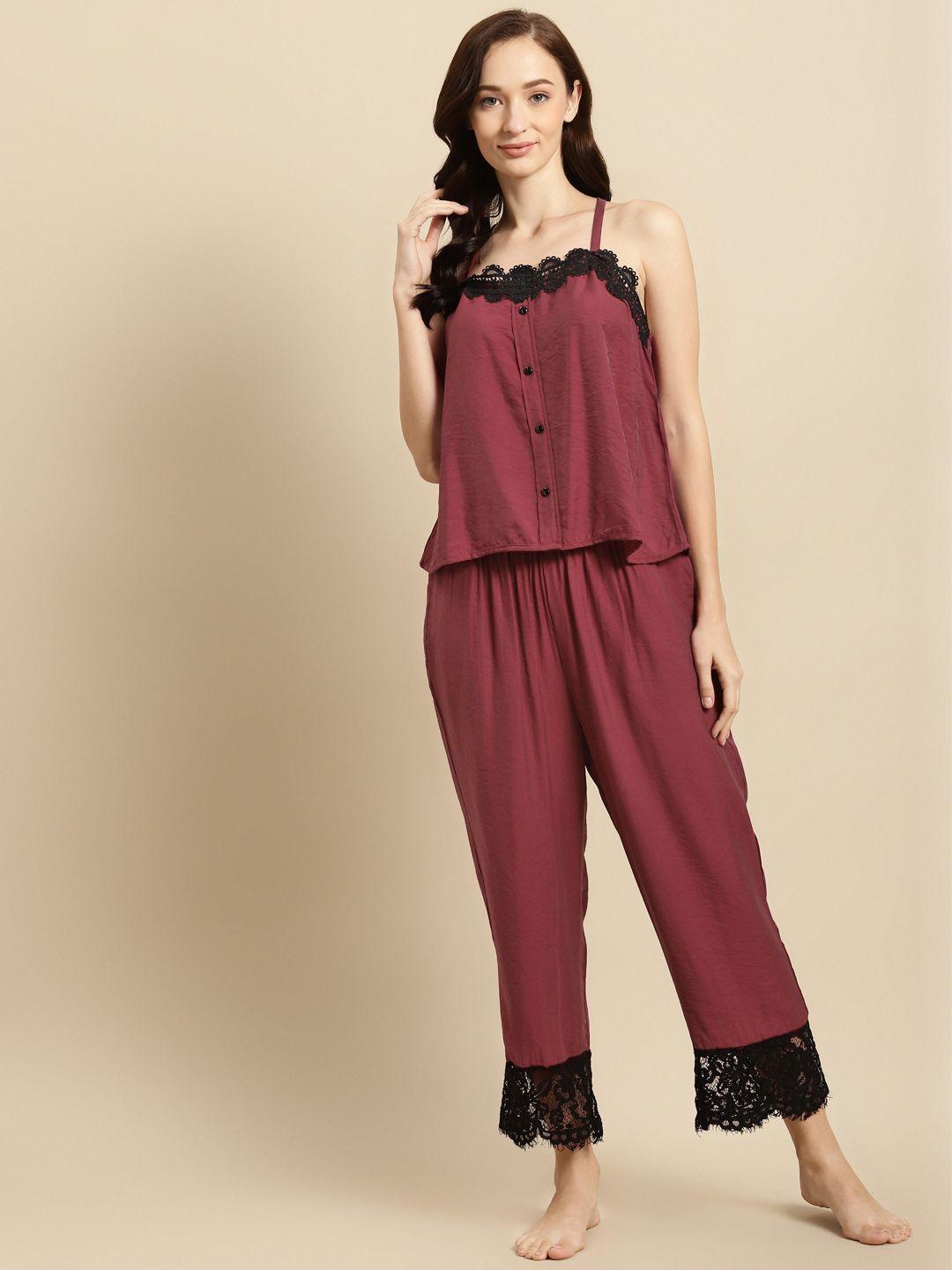 woowzerz women maroon & black solid pyjamas set