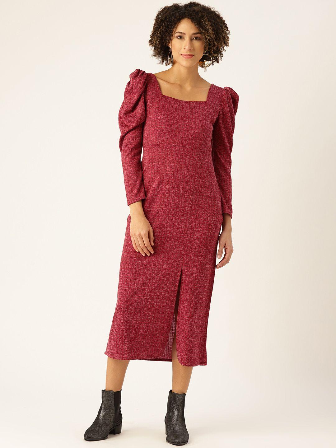 woowzerz women maroon self checked slim fit midi acrylic jumper dress