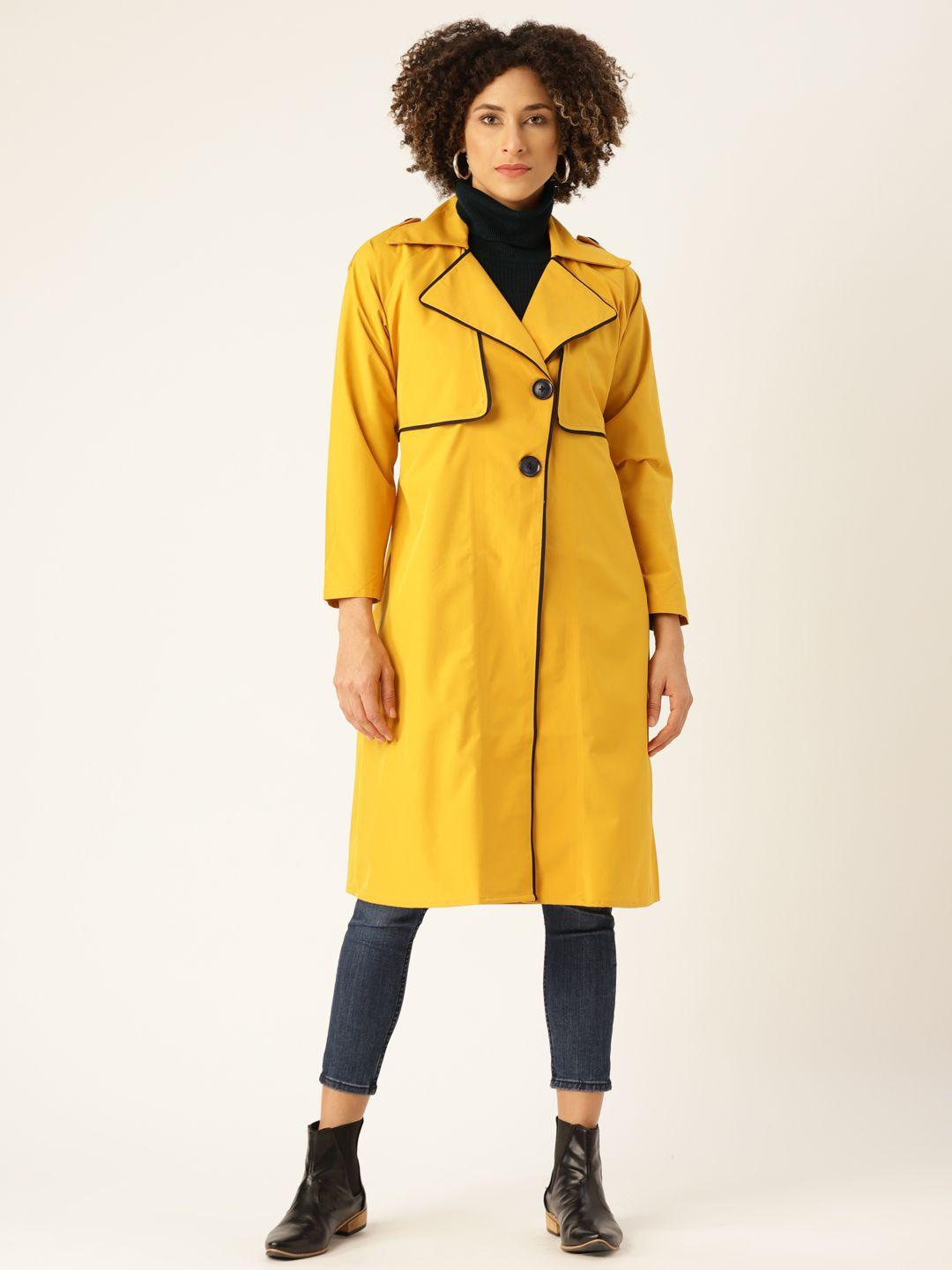 woowzerz women mustard yellow slim fit solid knee length trench coat