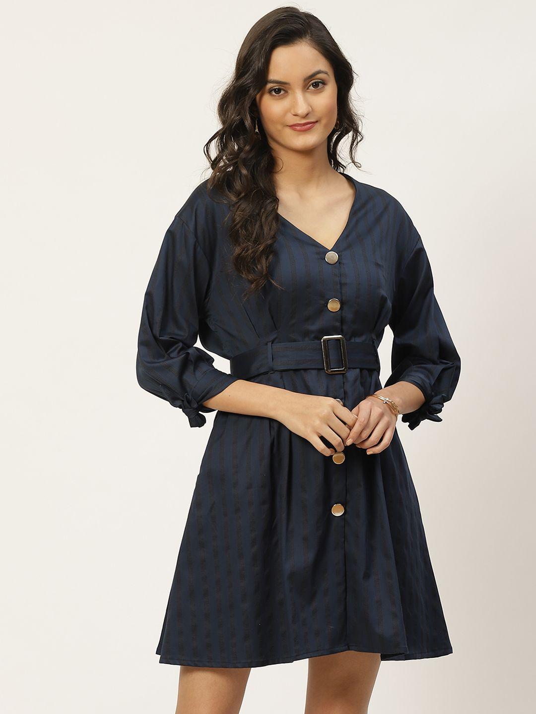 woowzerz women navy blue & black striped a-line dress with belt