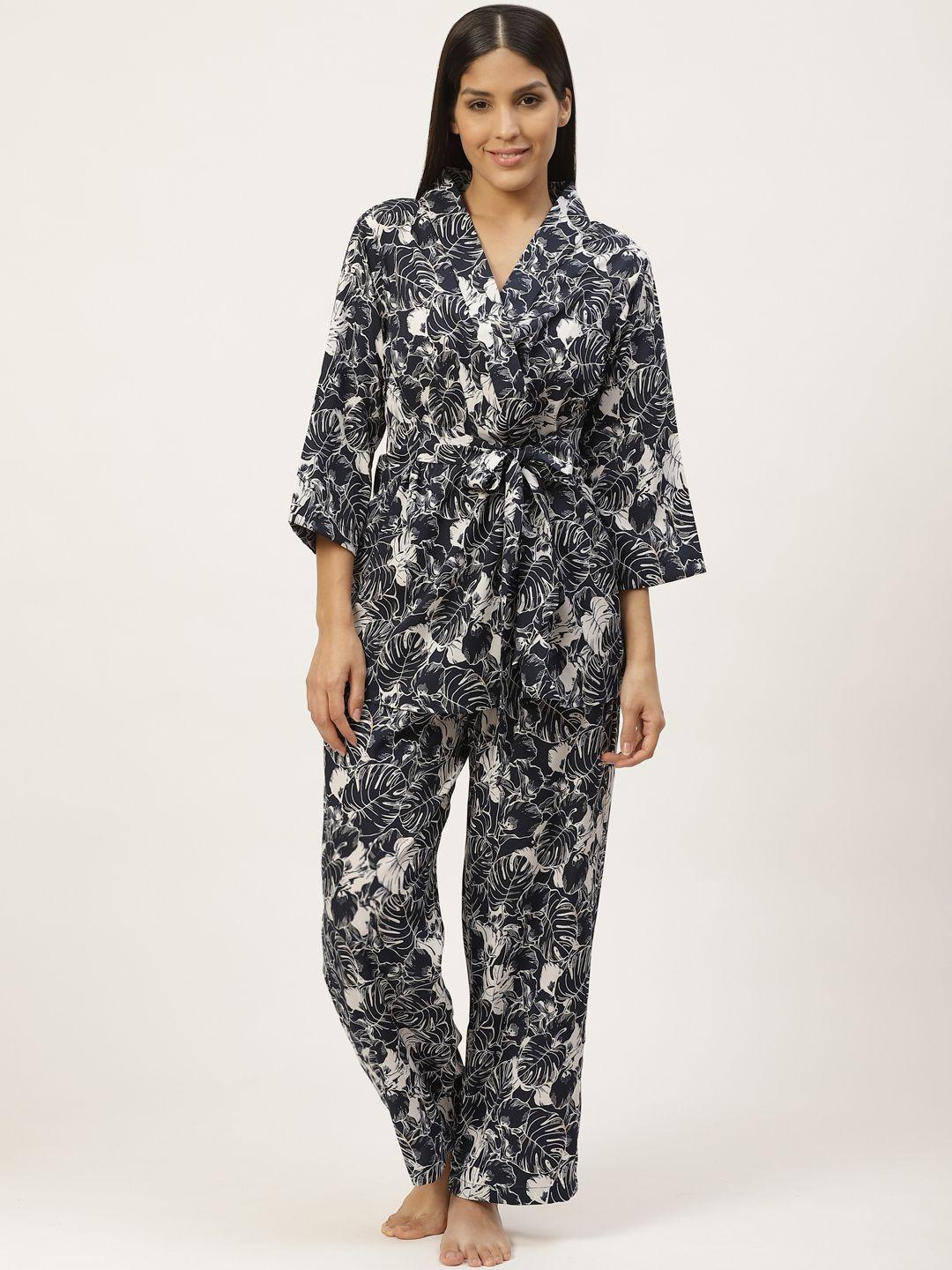 woowzerz women navy blue & white slim fit floral print night suit