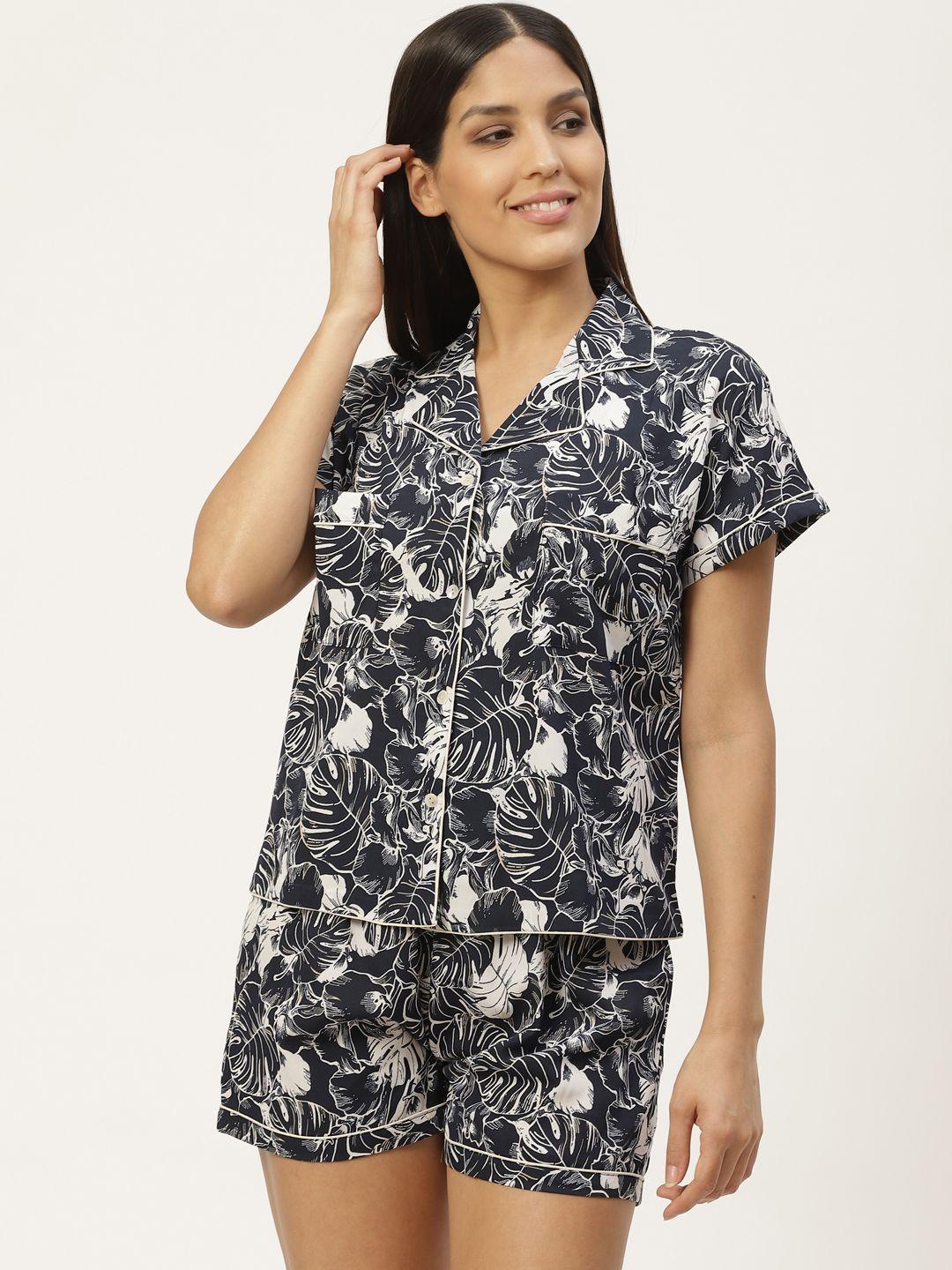 woowzerz women navy blue & white tropical printed night suit