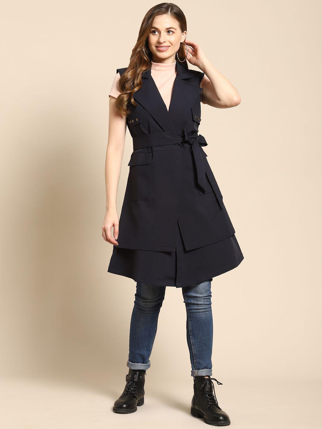 woowzerz women navy blue layered sleeveless over coat