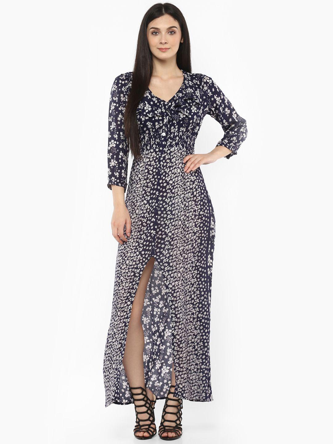 woowzerz women navy blue printed maxi dress