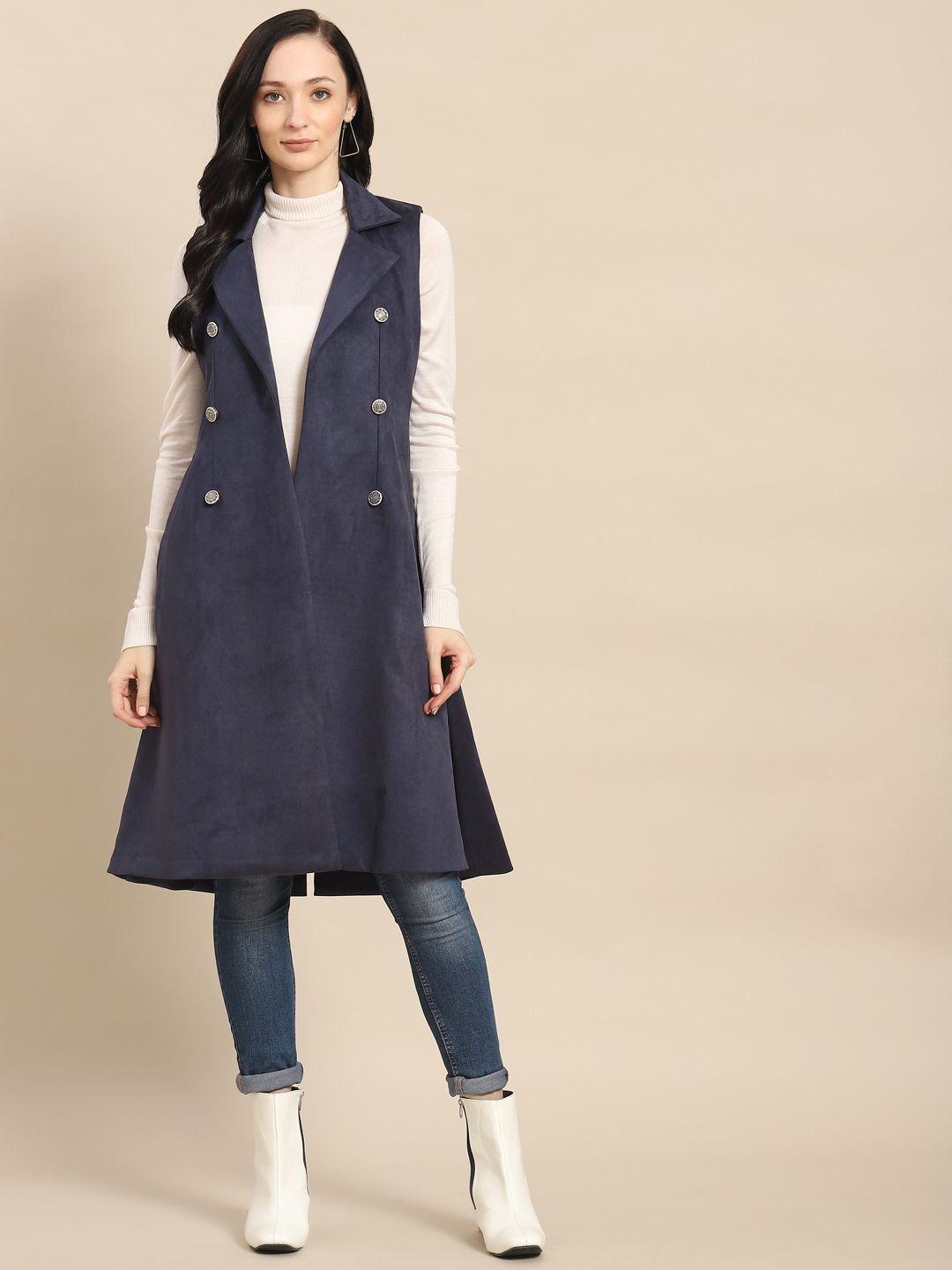 woowzerz women navy blue solid front open sleeveless overcoat