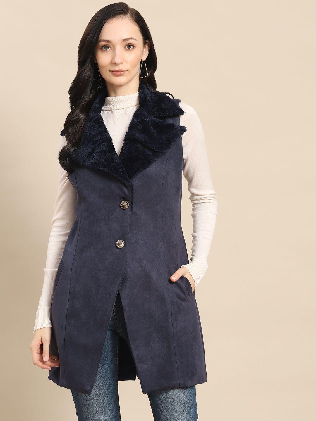 woowzerz women navy blue solid sleeveless suede longline over coat